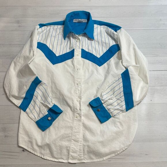 adobe rose Tops - Vintage Adobe Rose womens button down shirt blue‎ white medium